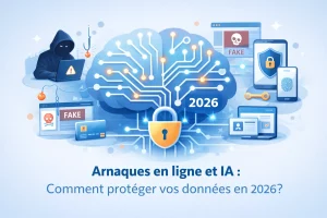 Illustration cybersécurité 2026 : un bouclier numérique bleu protégeant des données contre des vagues rouges artificielles représentant le phishing et les deepfakes générés par IA.