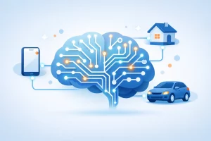 Dans la médiathèque WordPress, remplissez ce champ avec : "Illustration pédagogique de l'intelligence artificielle expliquée simplement avec des icônes du quotidien connectées à un cerveau numérique.