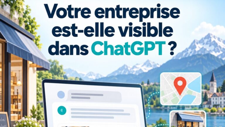 Ordinateur portable affichant une reponse de ChatGPT avec une entreprise locale suisse, montagnes et lac en arriere-plan