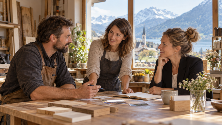 Artisans et indépendantes échangeant dans un atelier en Suisse romande